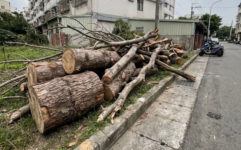 沒有裁切的粗樹幹與長樹枝堆在社區門口路邊